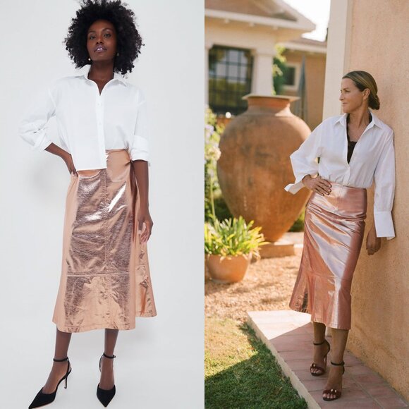 Tuckernuck x India Hicks NEW Gold Metallic London A Line Midi Skirt Size 4 - Picture 1 of 9
